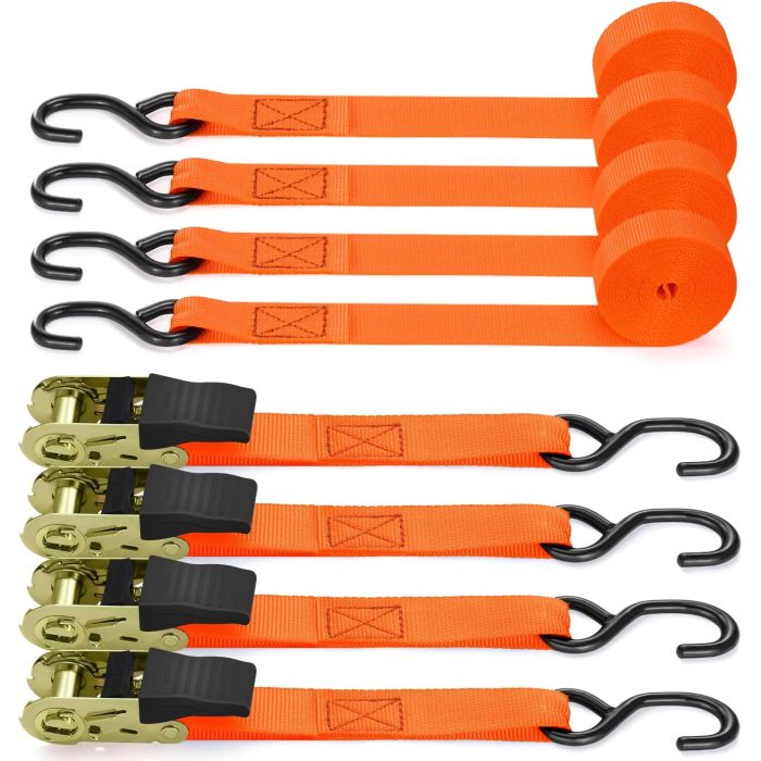 Ratchet Tie Down Strap 4 Pack, 4.6m 680kg Break Strength Securing Straps Logistic Cargo Straps with Hooks, Rubber Coated Metal Handles for Appliances, Moving Cargo, Motorcycle, Orange