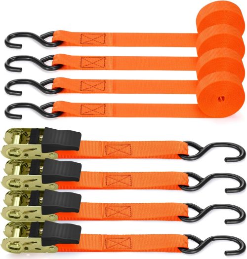 Ratchet Tie Down Strap 4 Pack, 4.6m 680kg Break Strength Securing Straps Logistic Cargo Straps with Hooks, Rubber Coated Metal Handles for Appliances, Moving Cargo, Motorcycle, Orange