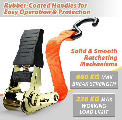 Ratchet Tie Down Strap 4 Pack, 4.6m 680kg Break Strength Securing Straps Logistic Cargo Straps with Hooks, Rubber Coated Metal Handles for Appliances, Moving Cargo, Motorcycle, Orange