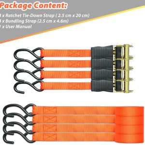 Ratchet Tie Down Strap 4 Pack, 4.6m 680kg Break Strength Securing Straps Logistic Cargo Straps with Hooks, Rubber Coated Metal Handles for Appliances, Moving Cargo, Motorcycle, Orange