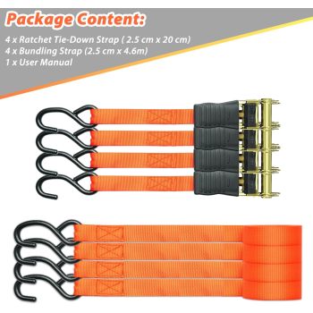 Ratchet Tie Down Strap 4 Pack, 4.6m 680kg Break Strength Securing Straps Logistic Cargo Straps with Hooks, Rubber Coated Metal Handles for Appliances, Moving Cargo, Motorcycle, Orange