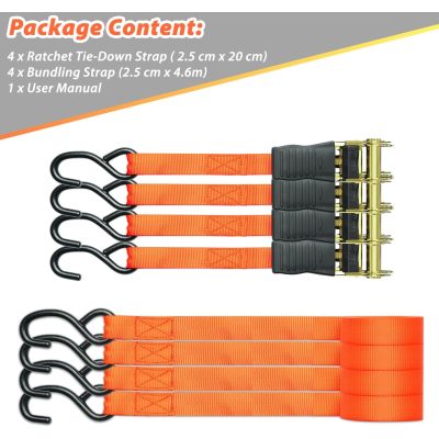 Ratchet Tie Down Strap 4 Pack, 4.6m 680kg Break Strength Securing Straps Logistic Cargo Straps with Hooks, Rubber Coated Metal Handles for Appliances, Moving Cargo, Motorcycle, Orange