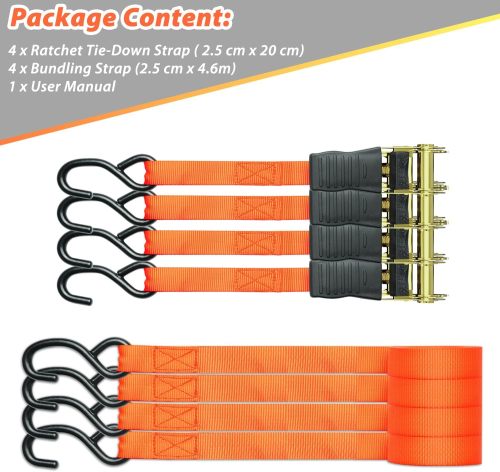 Ratchet Tie Down Strap 4 Pack, 4.6m 680kg Break Strength Securing Straps Logistic Cargo Straps with Hooks, Rubber Coated Metal Handles for Appliances, Moving Cargo, Motorcycle, Orange