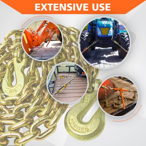 G80 Transport Binder Chain 3/8 Inch x 10 Foot Safety/Binder Chain with Clevis Grab Hooks 7,100 lbs Safe Working Load Logging Chain for Transporting Towing Tie Down Binding Equipment