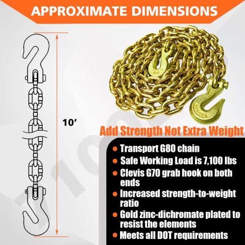 G80 Transport Binder Chain 3/8 Inch x 10 Foot Safety/Binder Chain with Clevis Grab Hooks 7,100 lbs Safe Working Load Logging Chain for Transporting Towing Tie Down Binding Equipment