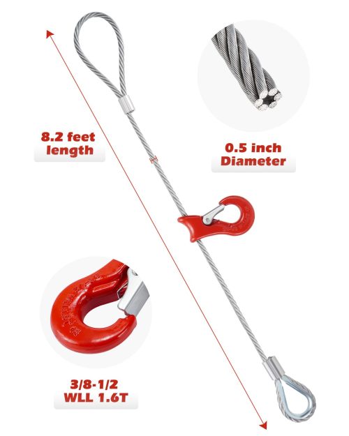 Single Leg Wire Rope Sling 1.6t/3500Lbs Rated Load 8.2 Feet Length, 1/2" Diameter, with 3/8" - 1/2" Sliding Choker Hook WLL 1.6t