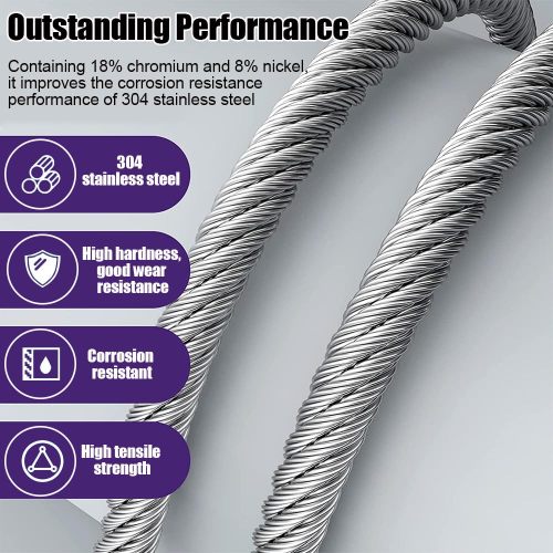 1/4 Stainless Steel Cable, 25ft Wire Rope with Wire Rope Clamps and Thimble, 6400lbs Breaking Strength, 7X19 Strands Aircraft Cable for Yard Zipline, Deck Railing, Boat Lifts