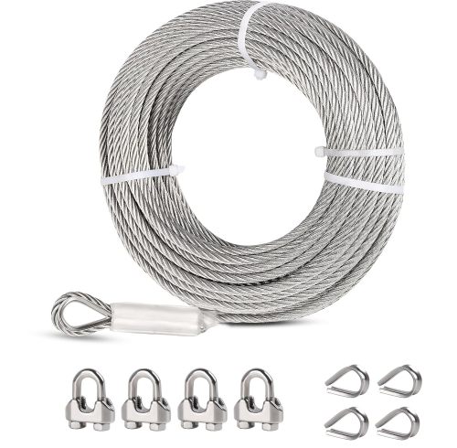1/4 Stainless Steel Cable, 25ft Wire Rope with Wire Rope Clamps and Thimble, 6400lbs Breaking Strength, 7X19 Strands Aircraft Cable for Yard Zipline, Deck Railing, Boat Lifts