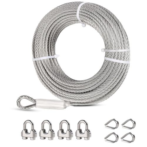 1/4 Stainless Steel Cable, 25ft Wire Rope with Wire Rope Clamps and Thimble, 6400lbs Breaking Strength, 7X19 Strands Aircraft Cable for Yard Zipline, Deck Railing, Boat Lifts