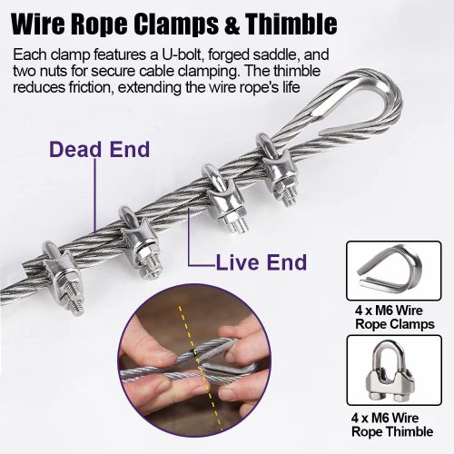 1/4 Stainless Steel Cable, 25ft Wire Rope with Wire Rope Clamps and Thimble, 6400lbs Breaking Strength, 7X19 Strands Aircraft Cable for Yard Zipline, Deck Railing, Boat Lifts