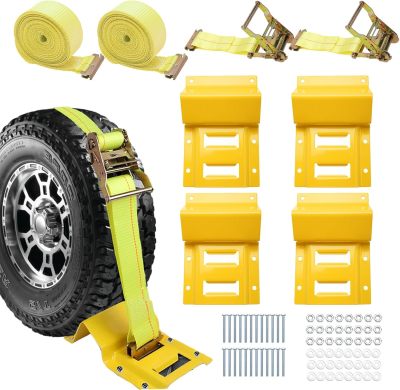 Wheel Chock Tie Down Kit 1500LBS for Trailer & Pickup Trucks - ATV, RZR, Lawn Mower, UTV Tie Down Straps -Heavy Duty Trailer Tire Straps System (2-Wheel Set)