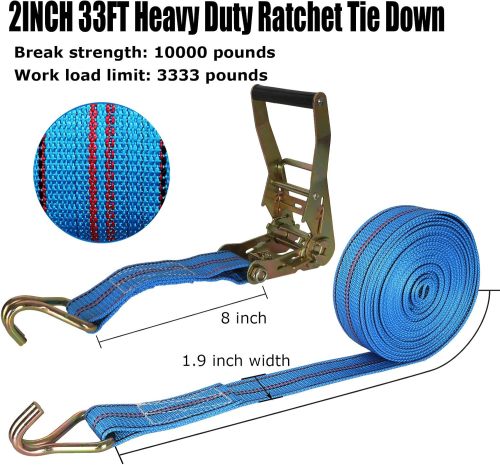 2Pack Heavy Duty Ratchet Straps, 2in 33ft Tie Down Straps with Double J Hook, Durable Cargo Ratchet Straps for Moving and Securing Cargo Lawn Equipment and Motorcycles