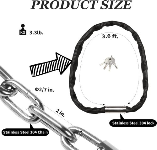 ATLI Stainless Steel Chain Lock with 4 Same Keys, Rustproof Lock and Chain, Marine Grade Lock for Bike, Moto, Scooter, Boat, Truck and Door. Anti-Theft – 110 CM Long Chain