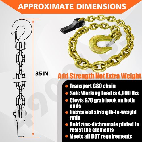 1/4" x 36"Grade 70 Trailer Safety Chain with Clevis Style Slip Hook 12600 lbs Break Strength 2 Pcs (1/4" x 36")