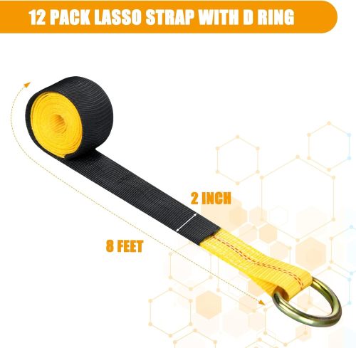 12 Pack Tow Truck Straps Lasso Wheel Lift Straps Lasso Tow Strap with D Ring 11, 000 Lbs Break Strength Auto Tie Down Auto Hauler for Trailer Tow Truck Tie(2'' X 8',Yellow)