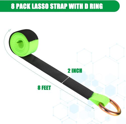 8 Pack Lasso Tow Strap with D Ring and Protective Sleeve 2" x 8ft Tow Truck Accessories 11, 000 Lbs Break Strength Auto Tie Down Auto Hauler for Wheel Lift Trailer Tow Truck(Green)