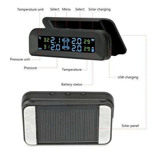 ATLI TB-003 Tire Pressure Monitoring System Wireless Solar TPMS, Tire Pressure Monitor Installed on Windowshield with 4 External Sensors Real