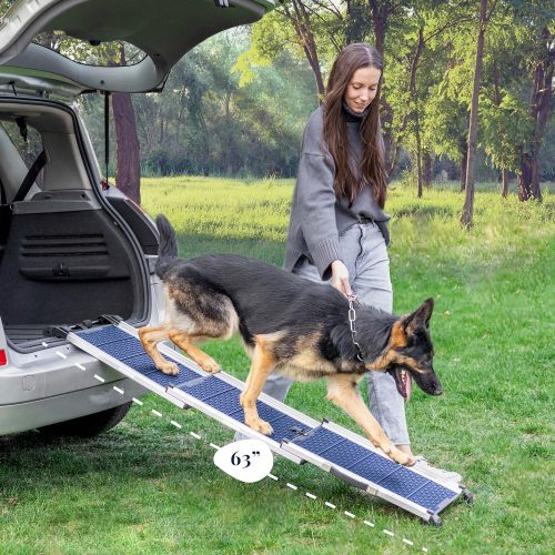 Dog Ramp for Car - Anti-Slip Dog Car Ramp for Large Dogs SUV - Stable 250LBS Capacity - Telescoping Pet Ramp for Car - Portable - Night Safety Reflective Sides - Fixing Clip - Blue