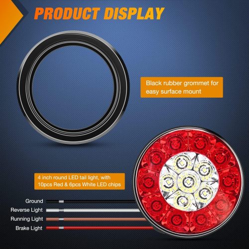 2PCS 4" Round Red White LED Trailer Tail Lights 16LEDs w/Flush Mount Grommets Waterproof Stop Brake Running Reverse Light for Trucks Trailer RV