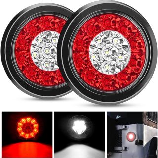 2PCS 4" Round Red White LED Trailer Tail Lights 16LEDs w/Flush Mount Grommets Waterproof Stop Brake Running Reverse Light for Trucks Trailer RV