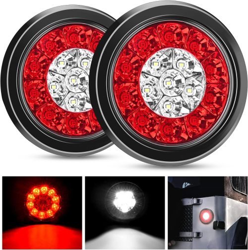 2PCS 4" Round Red White LED Trailer Tail Lights 16LEDs w/Flush Mount Grommets Waterproof Stop Brake Running Reverse Light for Trucks Trailer RV