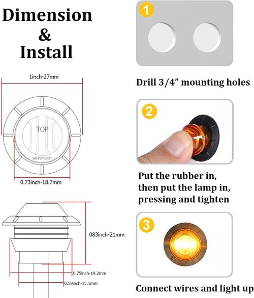 10x 3/4 in' Round LED Clearence Light Front Rear Side Marker Indicators Light for Truck Car Bus Trailer Van Caravan Boat, Taillight Brake Stop Lamp (12V, Red+Amber)