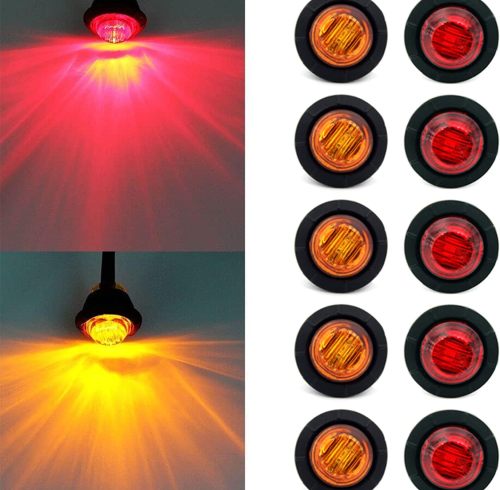 10x 3/4 in' Round LED Clearence Light Front Rear Side Marker Indicators Light for Truck Car Bus Trailer Van Caravan Boat, Taillight Brake Stop Lamp (12V, Red+Amber)