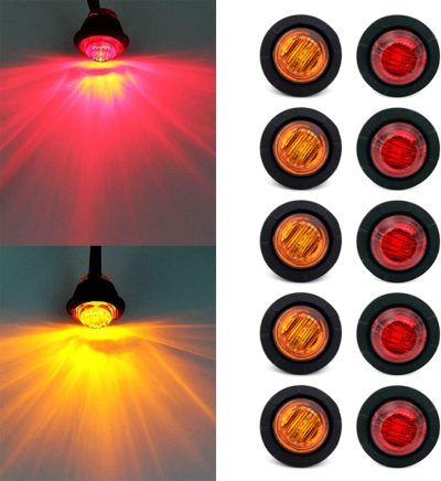 10x 3/4 in' Round LED Clearence Light Front Rear Side Marker Indicators Light for Truck Car Bus Trailer Van Caravan Boat, Taillight Brake Stop Lamp (12V, Red+Amber)