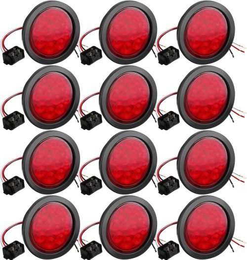 12 Pcs 4 Inch Round LED Trailer Tail Lights Trucks Lights 12 LED Stop Tail Lights Waterproof Brake Stop Turn Marker Lights Sealed Flush Mount for Trucks RV Boat (Red)