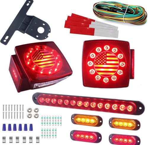 LED Trailer Tail Light Kit American Flag Designed 10 inch 3rd Brake Lights Aluminum Alloy Base Stop Turn Tail Lights for Under 80 inch Trailer Boat Utility Trailer Snowmobile 12V