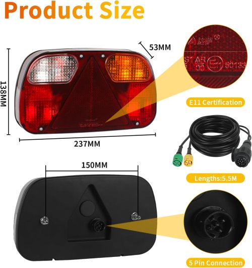 Trailer Tail Lights Kit Truck Rear Lamp Indicator Lighting Wiring Kit with 13 Pin Plug Connected with 2pcs 5.5m Long 5 Core Cable Suitable for Trailer Lorry Caravan or Truck