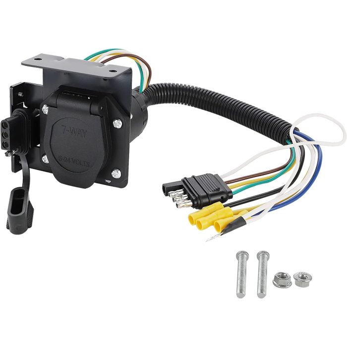 Multi-Tow 4-Way Flat to 7-Way RV Blade and 4-Way Flat Female End Trailer Wiring Adapter Connector Kit, 4 Pin Vehicle-Side Trailer Light Plug to Dual-output 7 Blade & 4 Flat with Mounting Bracket