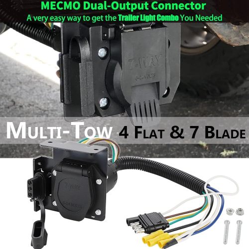 Multi-Tow 4-Way Flat to 7-Way RV Blade and 4-Way Flat Female End Trailer Wiring Adapter Connector Kit, 4 Pin Vehicle-Side Trailer Light Plug to Dual-output 7 Blade & 4 Flat with Mounting Bracket