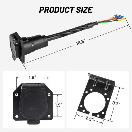 7 Way RV Trailer Light Connector Socket 7 Pin Wire Electrical Trailer Adapter Quick Converter with Mounting Bracket, Truck End Quick-Install 7 Prong Universal Pigtail Wiring Harness Vehicle Side