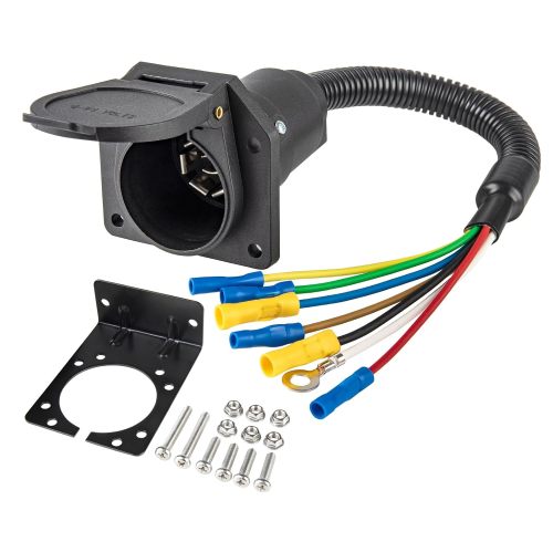 7 Way RV Trailer Light Connector Socket 7 Pin Wire Electrical Trailer Adapter Quick Converter with Mounting Bracket, Truck End Quick-Install 7 Prong Universal Pigtail Wiring Harness Vehicle Side