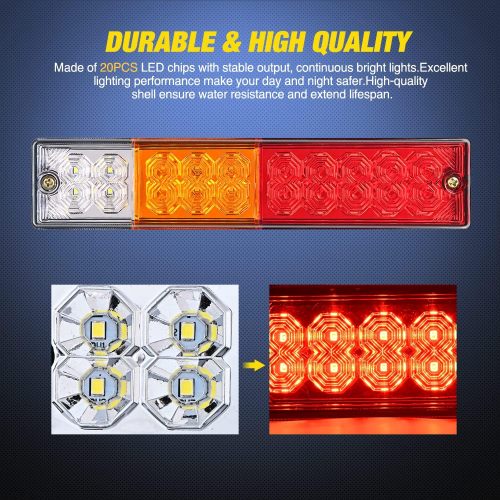 2PCS Trailer Tail Light Bar 20LED Brake Running Turn Signals Reverse Light Tail Lights IP65 Waterproof for 10-30V Truck Trailer Caravan Van RV UTV Camper Boat