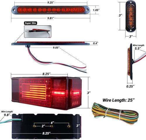 Submersible LED Trailer Light Kit Rectangle American Flag Designed 3rd Brake Lights Aluminum Alloy Base Stop Turn Tail Lights for 12V Trailer Boat Trucks Snowmobile