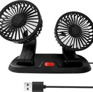 Dual Head USB Car Fan for Car with Powerful Cooling 360° Rotation Stepless Speed Desk Fan