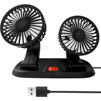 Dual Head USB Car Fan for Car with Powerful Cooling 360° Rotation Stepless Speed Desk Fan