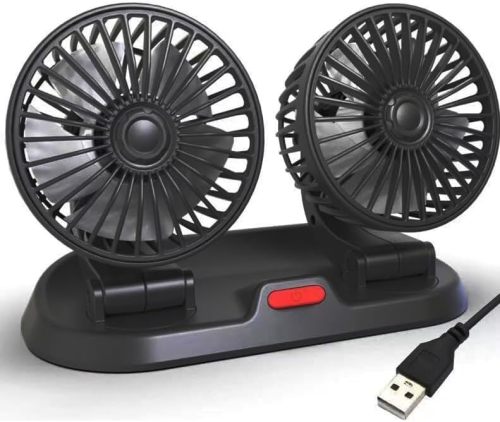 Dual Head USB Car Fan for Car with Powerful Cooling 360° Rotation Stepless Speed Desk Fan