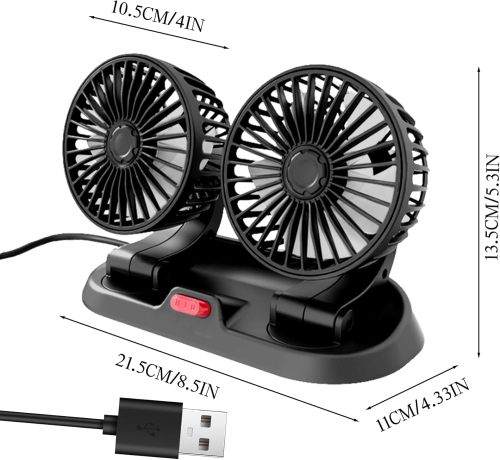 Dual Head USB Car Fan for Car with Powerful Cooling 360° Rotation Stepless Speed Desk Fan