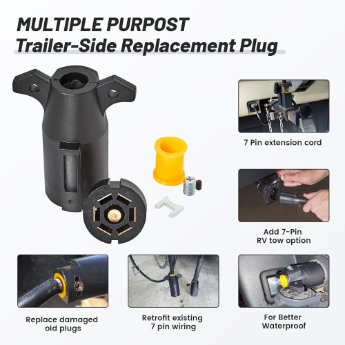 RV 7 Pin Trailer Plug Splice-in Replacement Trailer Side Male End 7 Way Round RV-Style Trailer Light Wiring Harness Connector, Heavy Duty 7 Prong Trailer Wiring Tow Plug for RV Boat Trailer