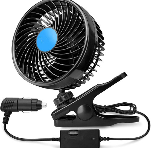 Clip Fan 360 Degree Rotatable Car Fan Cooling Air Fan with Stepless Speed Regulation & Cigarette Lighter Plug for SUV, RV, Vehicles