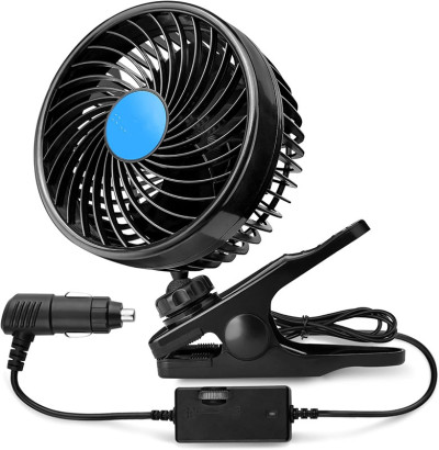 Clip Fan 360 Degree Rotatable Car Fan Cooling Air Fan with Stepless Speed Regulation & Cigarette Lighter Plug for SUV, RV, Vehicles