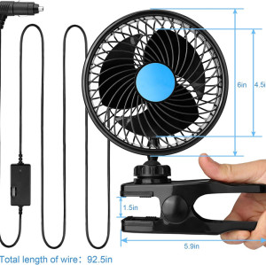 Clip Fan 360 Degree Rotatable Car Fan Cooling Air Fan with Stepless Speed Regulation & Cigarette Lighter Plug for SUV, RV, Vehicles