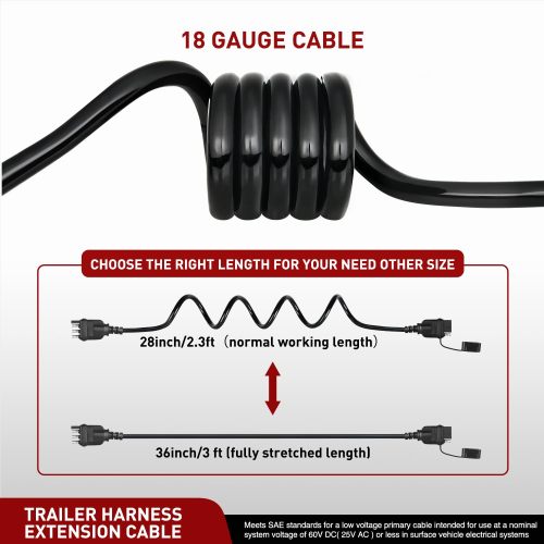 4 Way Flat Trailer Coiled Extension Cable 3 Feet Heavy Duty Jacket Cable Male and Female Wiring Harness Adapter 36" Stretchable 18AWG Vehicle-Side & Trailer-Side Adapter Cord, 2 Years Warranty