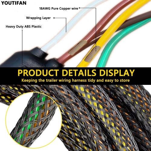 22FT 4 Pin 5 Wire Trailer Wiring Harness,Trailer Light Kit Heavy Duty Pure Copper Connectors with Nylon Mesh Protection for Rewiring of Taillights,Brake Lights and Turn Signals on Trailers RVs Boats