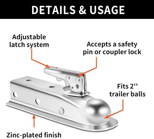 Straight Trailer Tongue Coupler for 2" Ball, 2" Channel Width Trailer Coupler 3,500LBS