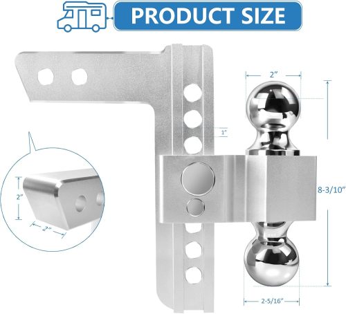 Adjustable Trailer Hitch - 8 Inch Drop Hitch (Fits 2-Inch Receiver), 12,500 LBS GTW Aluminum Tow Hitch, (2" & 2-5/16") Chrome Plated Steel Ball Mount & Anti-Theft Locking Hitch Pins