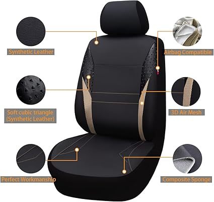 ATSC-4076 Universal Leather Car Seat Full Set Black and Beige Car Seat Cover